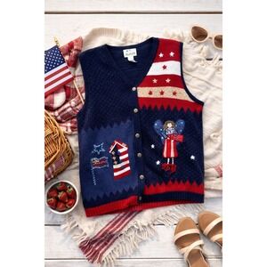 Vtg Americana Patriotic Knit Sweater Vest Flag Angel July Womens XL Cottagecore